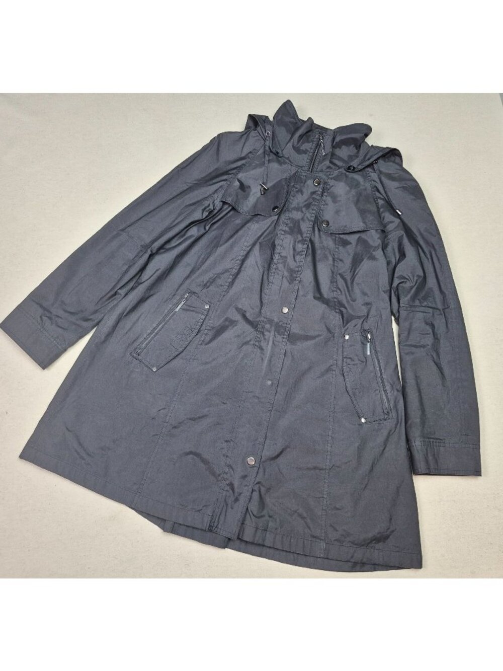 Gallery Petite Women's Black Hooded Water Resistant Chore Field Trench Coat Sz M